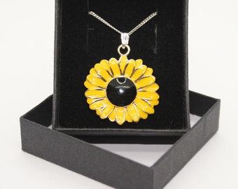 Sunflower / flower - Sterling Silver curb chain necklace with Tibetan Gold enamel pendant charm