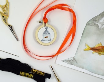 Goldfish Necklace | Mini Embroidered Hoop Pendant | Embroidered Necklace | Embroidered Jewelry | Mini Embroidered Hoop Art