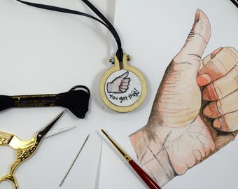Thumb's Up Necklace | Mini Embroidered Hoop Pendant | Embroidered Necklace | Embroidered Jewelry | Mini Embroidered Hoop Art