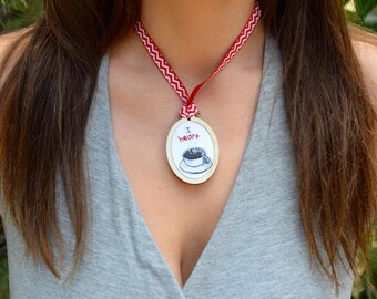 Coffee Necklace | Mini Embroidered Hoop Pendant | Embroidered Necklace | Embroidered Jewelry | Mini Embroidered Hoop Art
