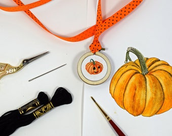 Pumpkin Necklace | Mini Embroidered Hoop Pendant | Embroidered Necklace | Embroidered Jewelry | Mini Embroidered Hoop Art