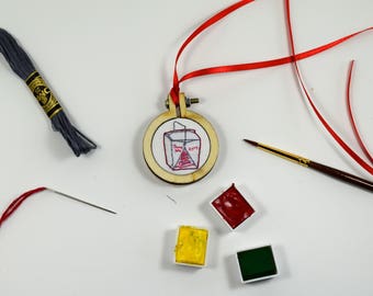 Chinese Take Out Necklace | Mini Embroidered Pendant | Embroidered Necklace | Embroidered Jewelry | Mini Embroidered Hoop Art