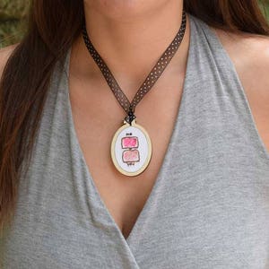 Peanut Butter and Jelly Necklace | Mini Embroidered Hoop Pendant | Embroidered Necklace | Embroidered Jewelry | Mini Embroidered Hoop Art