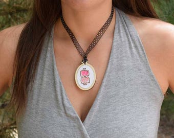 Peanut Butter and Jelly Necklace | Mini Embroidered Hoop Pendant | Embroidered Necklace | Embroidered Jewelry | Mini Embroidered Hoop Art