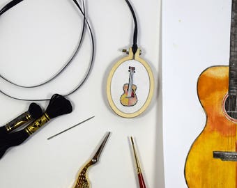 Guitar Necklace | Mini Embroidered Hoop Pendant | Embroidered Necklace | Embroidered Jewelry | Mini Embroidered Hoop Art