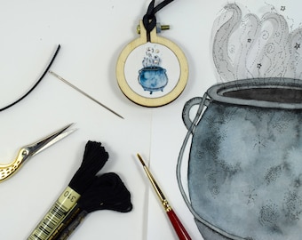 Cauldron Necklace Mini Embroidered Hoop Pendant | Embroidered Necklace | Embroidered Jewelry | Mini Embroidered Hoop Art