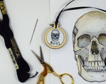 Skull Necklace | Mini Embroidered Hoop Pendant | Embroidered Necklace | Embroidered Jewelry | Mini Embroidered Hoop Art