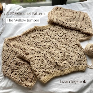 May include: A PDF crochet pattern for a beige crochet jumper called "The Willow Jumper" by Lizard&Hook.
