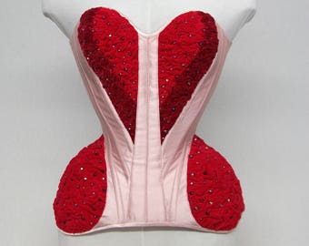 Corset: Valentine-Red velvet corset-Pink satin corset-Vintage corset-Burlesque corset-Art Nouveau corset-Hand crafted-CVal1