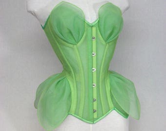 Corset: Flora-Green net corset-Fairytale corset-Flower corset-Fantasy Ball corset-Bridal corset-Halloween corset-Hand crafted-Custom-CFlora1