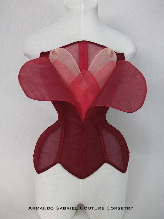 Corset: Red Rose-Flower corset-Fairytale corset-Ombré red corset-Net corset-Hand crafted-Bridal corset-Fantasy ball gown corset-CRRose1