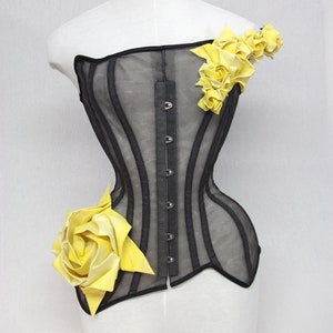 Corset: Yellow rose-Black net corset-Yellow rose origami-Fairytale corset-Fantasy Ball gown -Art Nouveau corset-Hand crafted-CYRose1