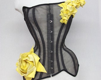 Corset: Yellow rose-Black net corset-Yellow rose origami-Fairytale corset-Fantasy Ball gown -Art Nouveau corset-Hand crafted-CYRose1