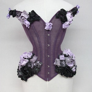 Corset: Twilight Rose-Lilac origami Roses-lilac+ purple net corset-Hand crafted-Fantasy Ball corset-Fairy corset-Flower corset-CTwiRose1
