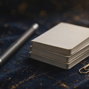 Op de afbeelding: Een matzwarte balpen, een stapel van drie kleine rechthoekige witte kaarten met afgeronde hoeken en een goudkleurige metalen paperclip. De voorwerpen zijn samen gerangschikt op een donkerblauwe stoffen ondergrond.