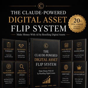 Puede incluir: Imagen promocional de "The Claude-Powered Digital Asset Flip System". La imagen presenta un libro central y varias guías más pequeñas, todas en una combinación de colores negro y dorado. El texto promueve ganar dinero con IA revendiendo activos digitales.