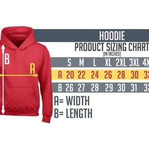 K&ouml;nnte beinhalten: Hoodie-Gr&ouml;&szlig;entabelle mit Ma&szlig;en in Zoll f&uuml;r die Gr&ouml;&szlig;en S bis 5XL. Die Tabelle zeigt die Breite und L&auml;nge des Hoodies in Zoll.