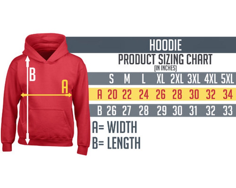 K&ouml;nnte beinhalten: Hoodie-Gr&ouml;&szlig;entabelle mit Ma&szlig;en in Zoll f&uuml;r die Gr&ouml;&szlig;en S bis 5XL. Die Tabelle zeigt die Breite und L&auml;nge des Hoodies in Zoll.