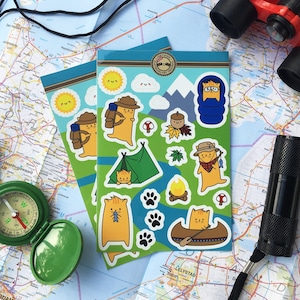 Adventure Cat A6 Sticker Sheet w/ 17 Cute Camping, Hiking, Fishing Journal/Planner Stickers