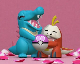 May include: Two cartoon figures, a blue crocodile and a red and white creature, embrace while holding a purple and white ball with a heart design. Pink rose petals are scattered on a pink background.