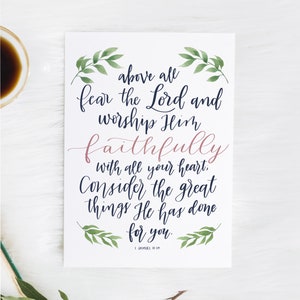 1 Samuel 12:24, Bible verse print, instant download, hand lettered, 8x10, printable wall art