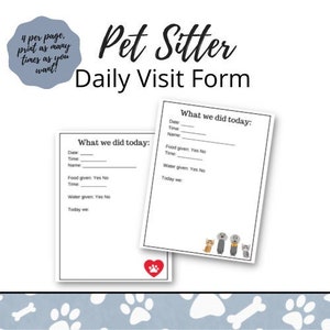 Daily Pet Sitter Visit Form, Pet Sitting PDF Printables, Pet Sitter Printable, Pet Sitting Business, Business Printables Forms, Report Card