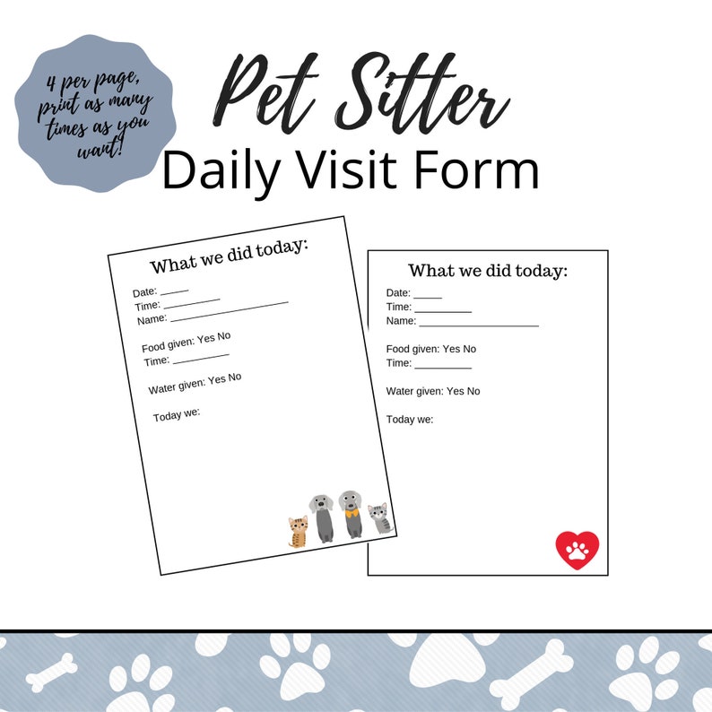 Daily Pet Sitter Visit Form Pet Sitting PDF Printables Pet | Etsy