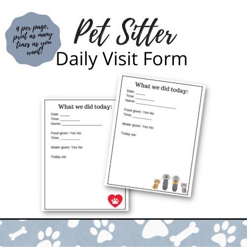 Daily Pet Sitter Visit Form, Pet Sitting PDF Printables, Pet Sitter