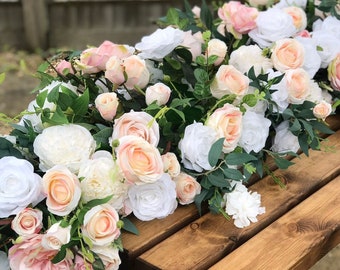 Peach and White Artificial Flower Garland, Handmade Wedding Table Runner | Event Decoration
