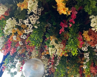 Yellow Pink and Green Flower Ceiling, Restaurant Flower Ceiling Decor