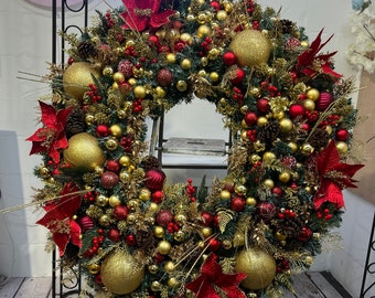 XL GIANT Christmas Wreath, Gold and Red Christmas Wreath, Large