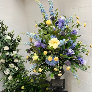 Handmade Spring Flower Urn: Yellow & Blue Wedding Centerpiece