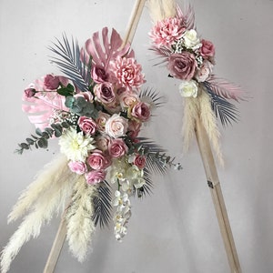 Pink Boho Flower arch, Pink wedding arch, Pink Tropical flower swag, Pampas flower arch arrangement, pampas flower arch, pampas swag