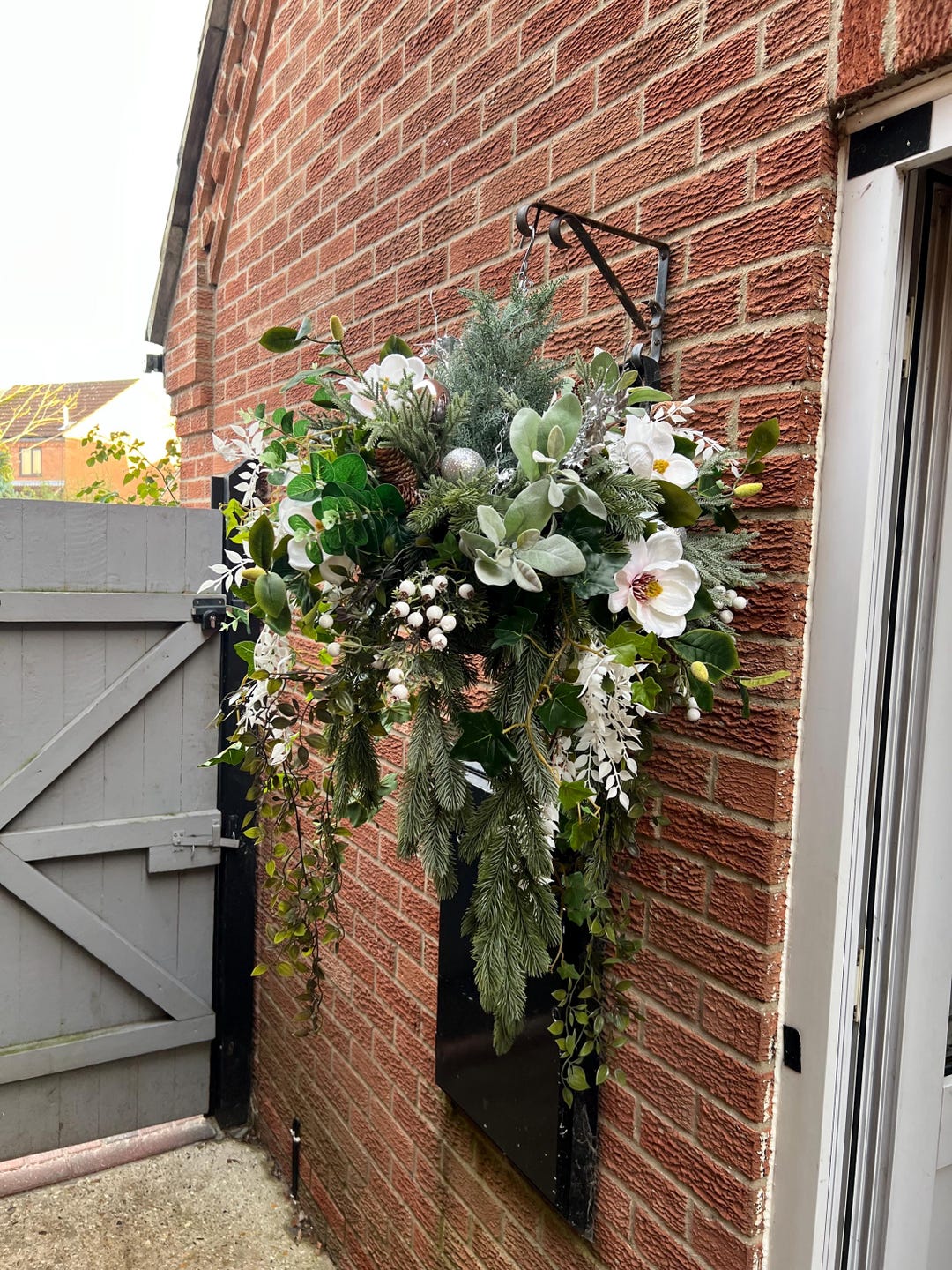 Christmas Flower Basket | Frosty White Artificial Flowers | Outdoor ...