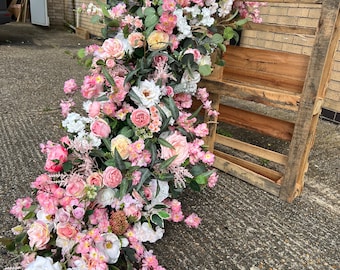 Guirnalda de flores rosas, guirnalda de flores de verano, guirnalda de flores artificiales rosas, botín de flores, botín de flores rosas, botín de flores rosas ruborizadas