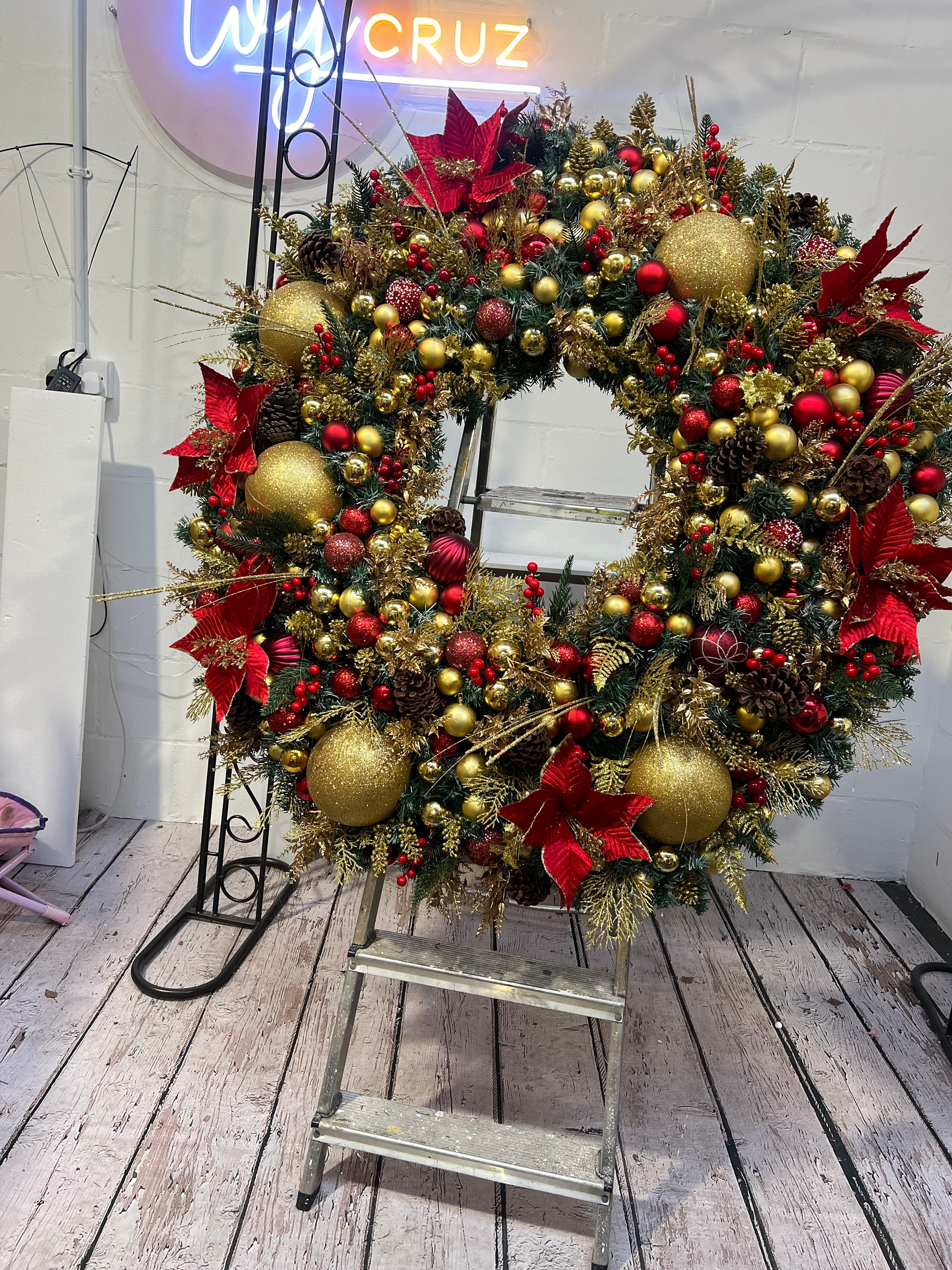 XL GIANT Christmas Wreath, Gold and Red Christmas Wreath, Large