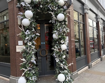 White Frosty Christmas Doorway Garland, Christmas Flower garland - Outdoor and Indoor - Plug lights Optional