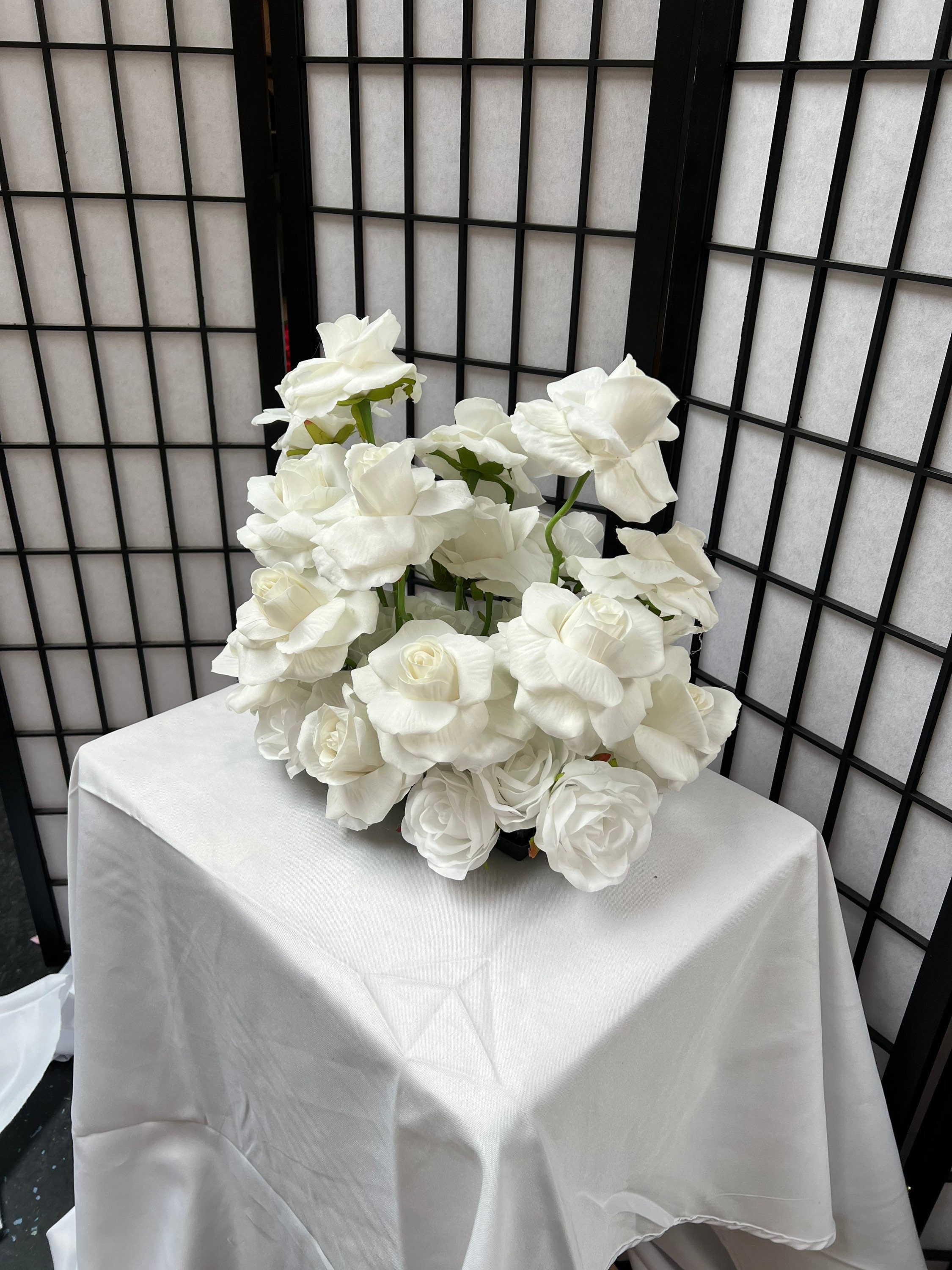 Rose Glam Centrepiece, Short Table Low Wedding White Silk Flower Centrepiece