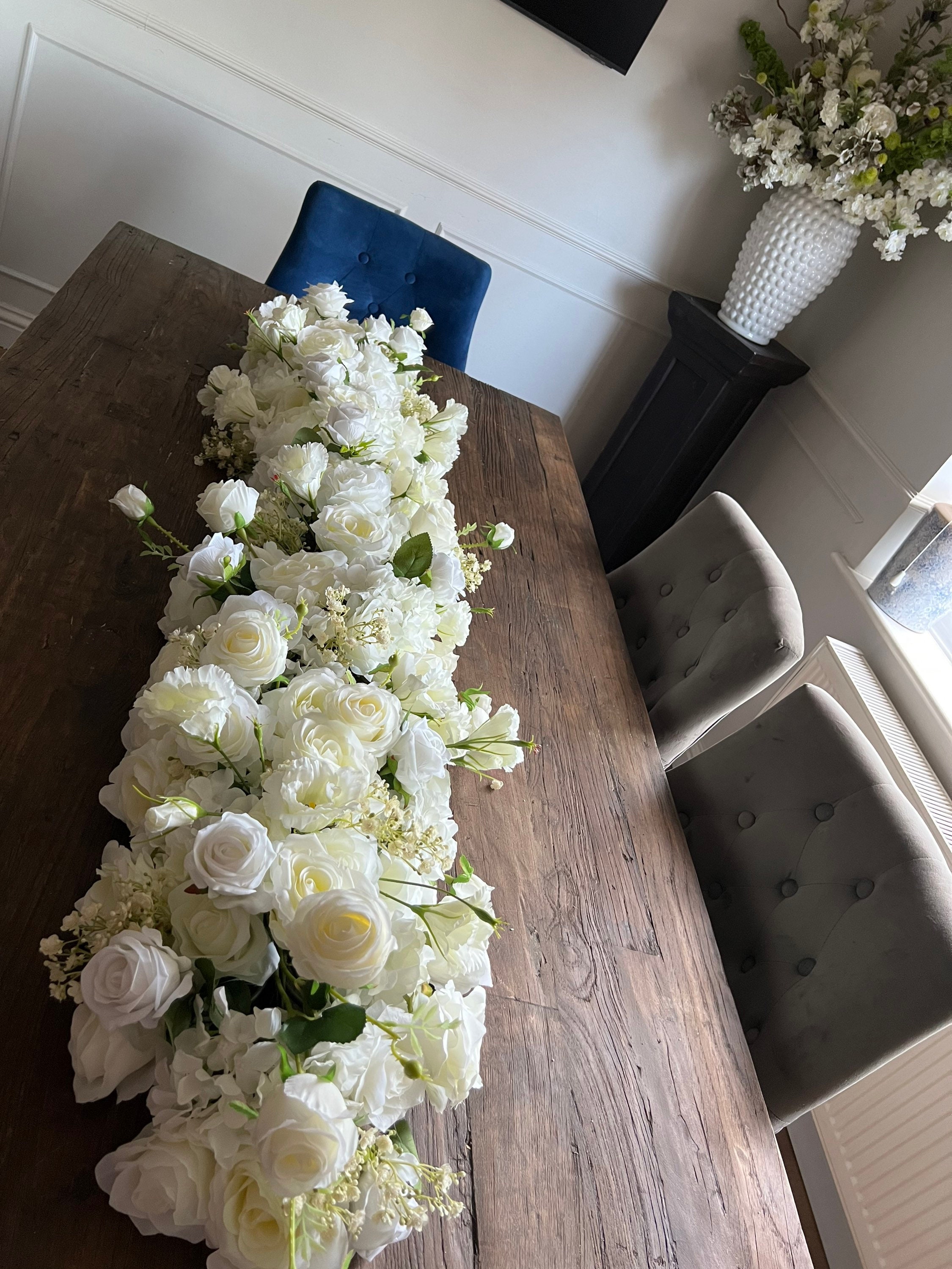 Table Flower Garland, Bridal Garland, White Flower Runner, Artificial Runner, Rose Table Runner