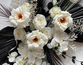 Black & White Pampas Wedding Arch Swag: Boho Floral Arrangement