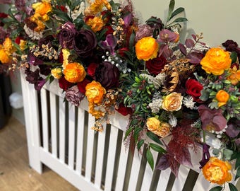 Fall Flower Garland: Bridal Table Mantle Decor, Red Burgundy Orange