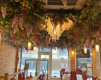 Fall Wisteria Flower Ceiling Wall, Purple Flower wall ceiling, wisteria flower wall, trailing flower wall, Red restaurant flower ceiling