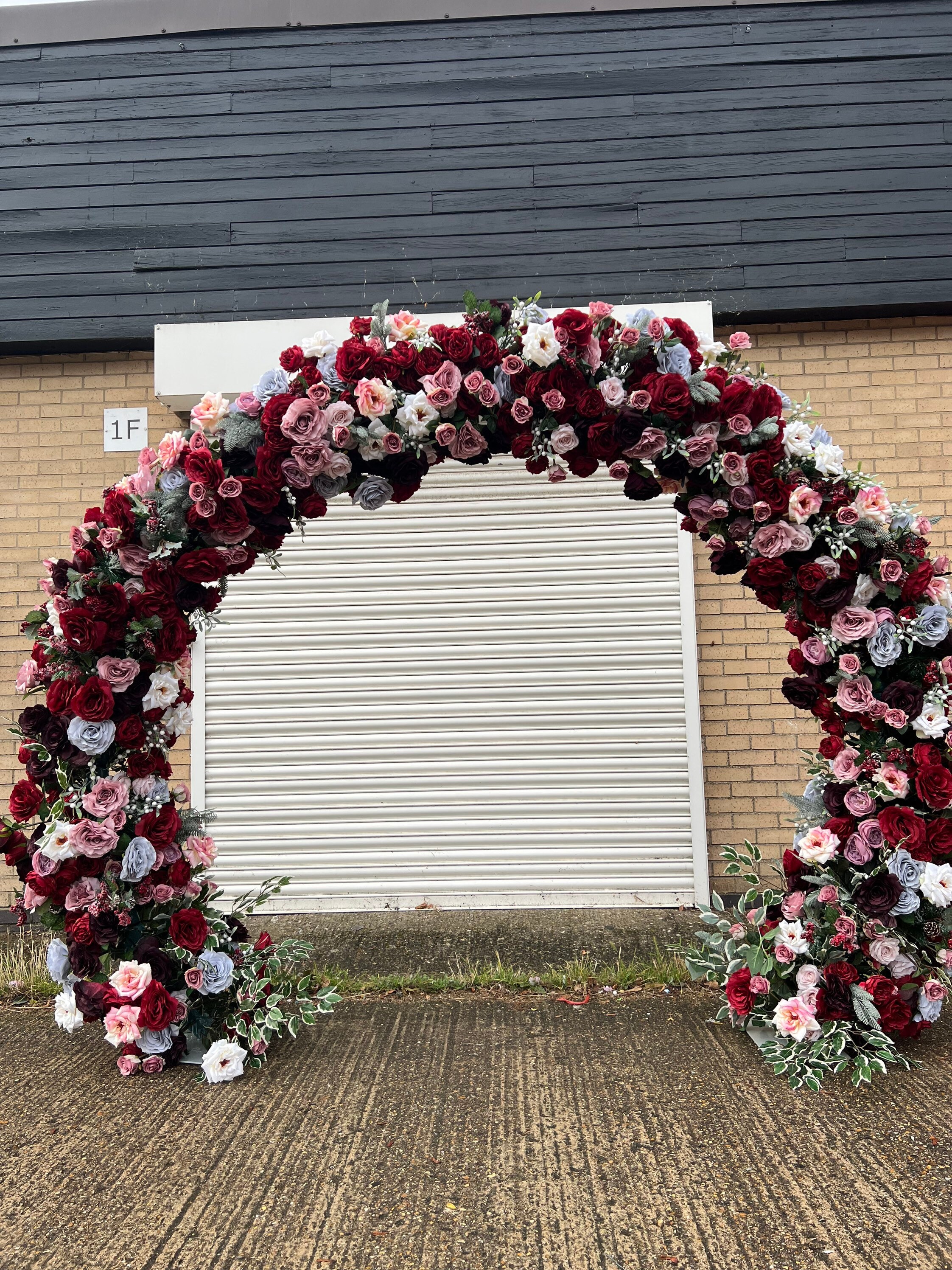 Burgundy Flower Arch: Red Rose & Hydrangea Wedding Decor