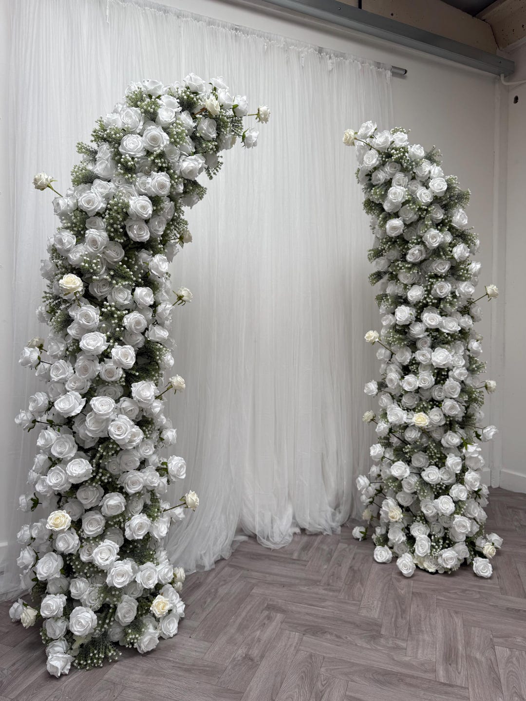 White Roses and Gyps Artificial Flower Columns - Wedding Flowers Pillar ...