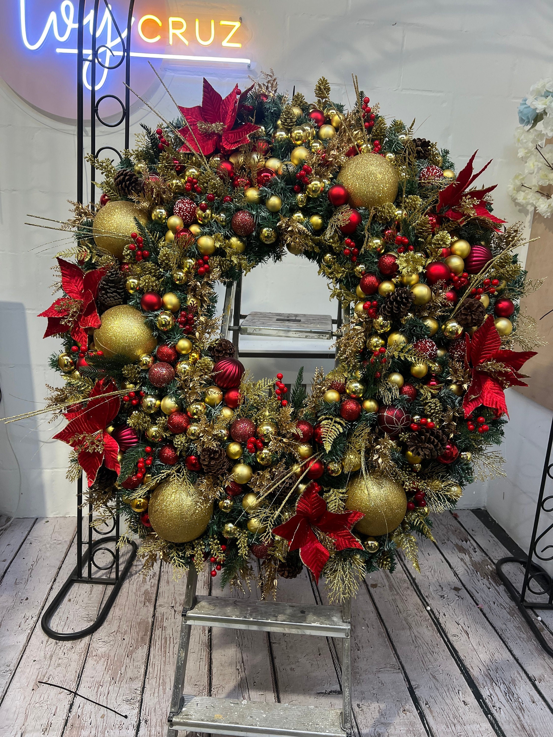 XL GIANT Christmas Wreath, Gold and Red Christmas Wreath, Large