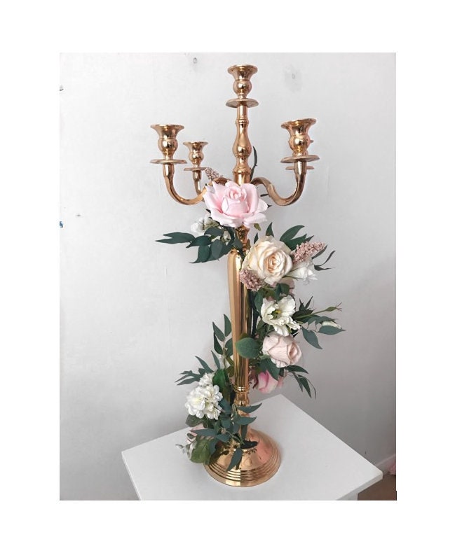 Flower Centrepiece, Flower Candelabra, Wedding Floral Centrepieces, Faux Flowers, Gold Wedding Candelabra