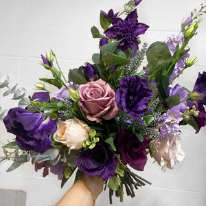 Purple Silk Flower Bridal Bouquet: Plum Lisianthus & Mauve Roses