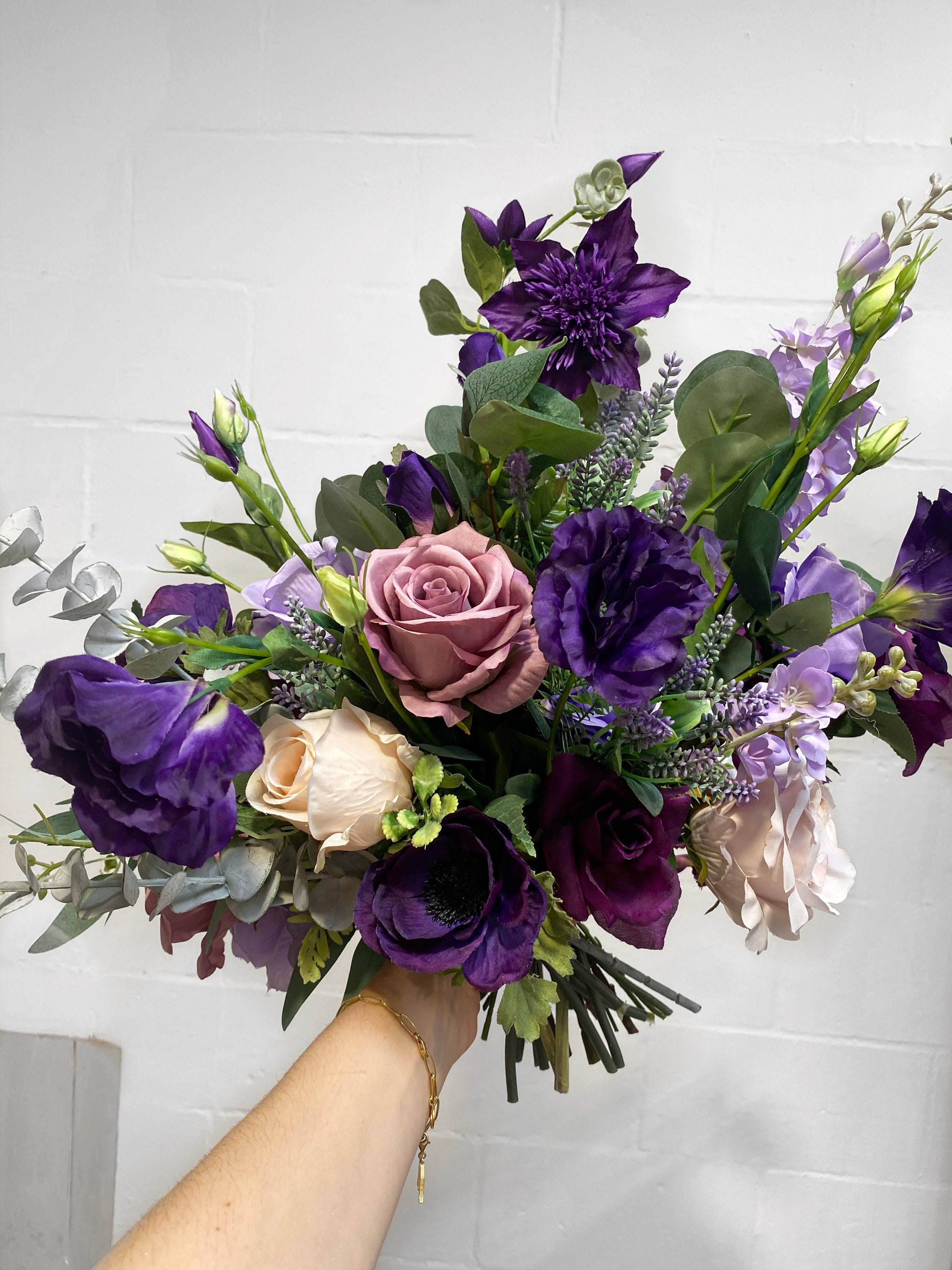 Boho Purple Bouquet, Purple Bridal Fall Flower Artificial Flowers Silk Bouquet, M