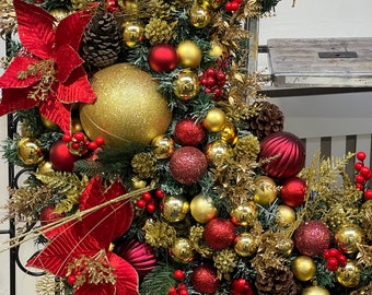 XL GIANT Christmas Wreath, Gold and Red Christmas Wreath, Large