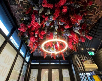 Cherry Blossom Flower Ceiling Panel: Hot Pink, Red & Blue Silk Decor